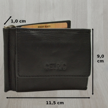 flevado Echt Leder Geldbörse klein schmal mit Dollar Clip Herrengeldbörse Geldscheinklipp mit Maxi Münzfach RFID Schutz schwarz